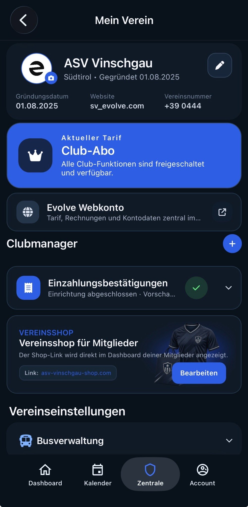 Vereinsprofil, Club-Abo, Vereinsshop und Busverwaltung in Evolve Sports