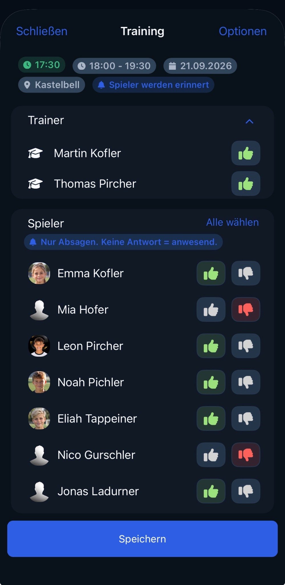 Anwesenheit sowie Zu- und Absagen für Trainer in Evolve Sports