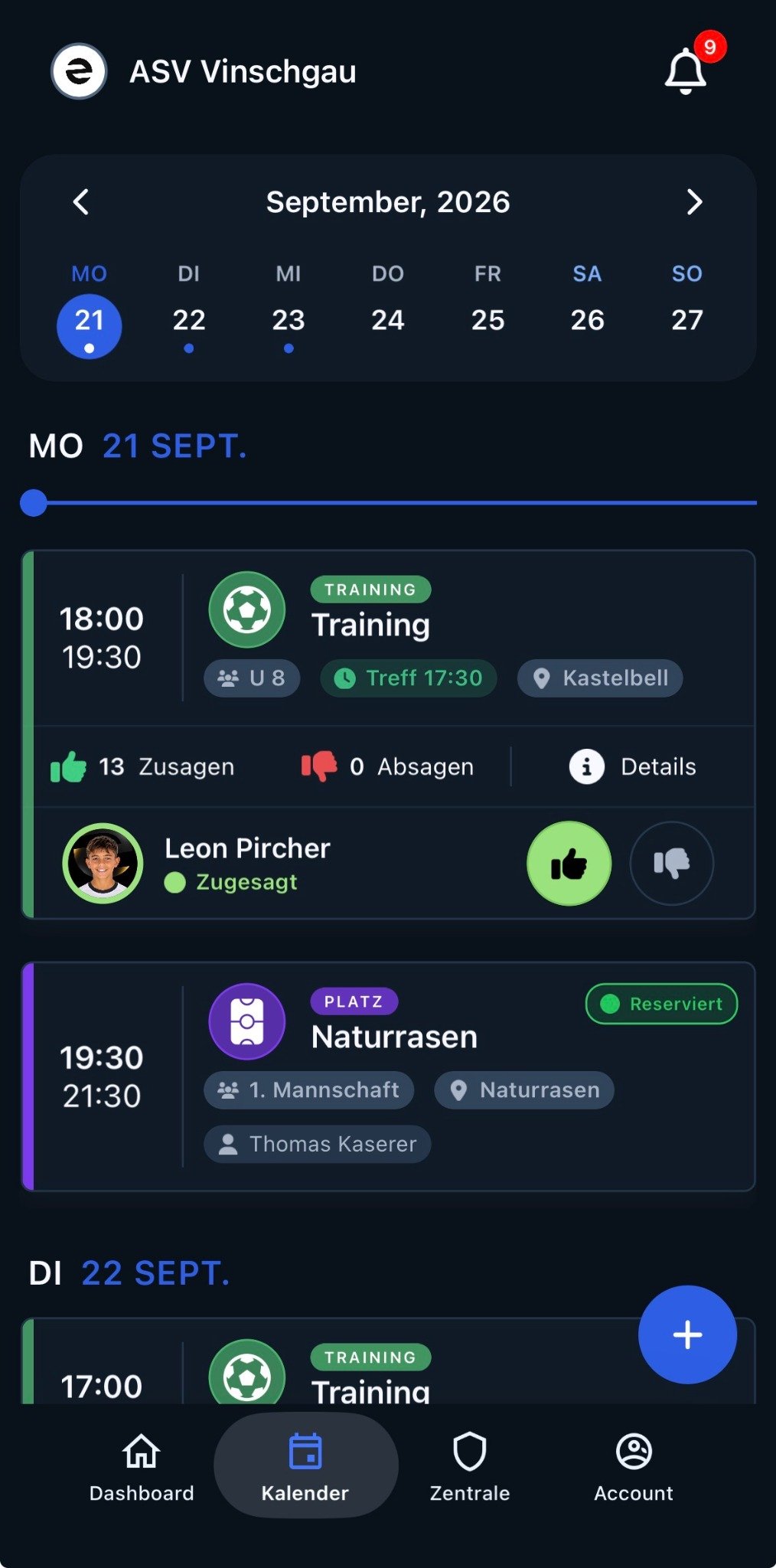 Kalender mit Trainings- und Platzterminen in Evolve Sports